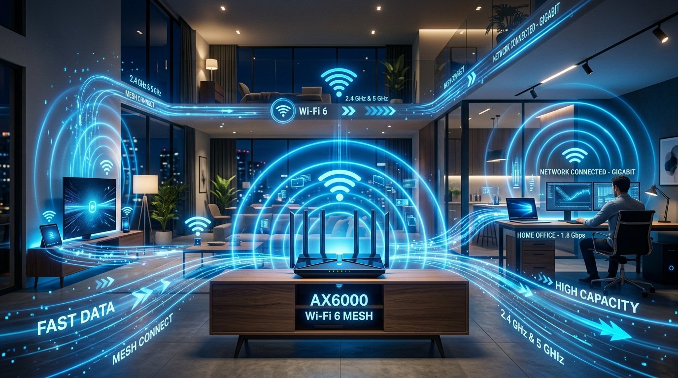 Wi-Fi 6 Mesh Router Network Coverage in Modern Home and Office